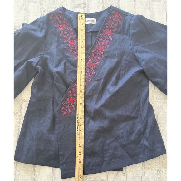Etno Soul Blue Linen Embroidered Vyshyvanka Wrap Blouse Butterfly Sleeve No Belt - Picture 7 of 12